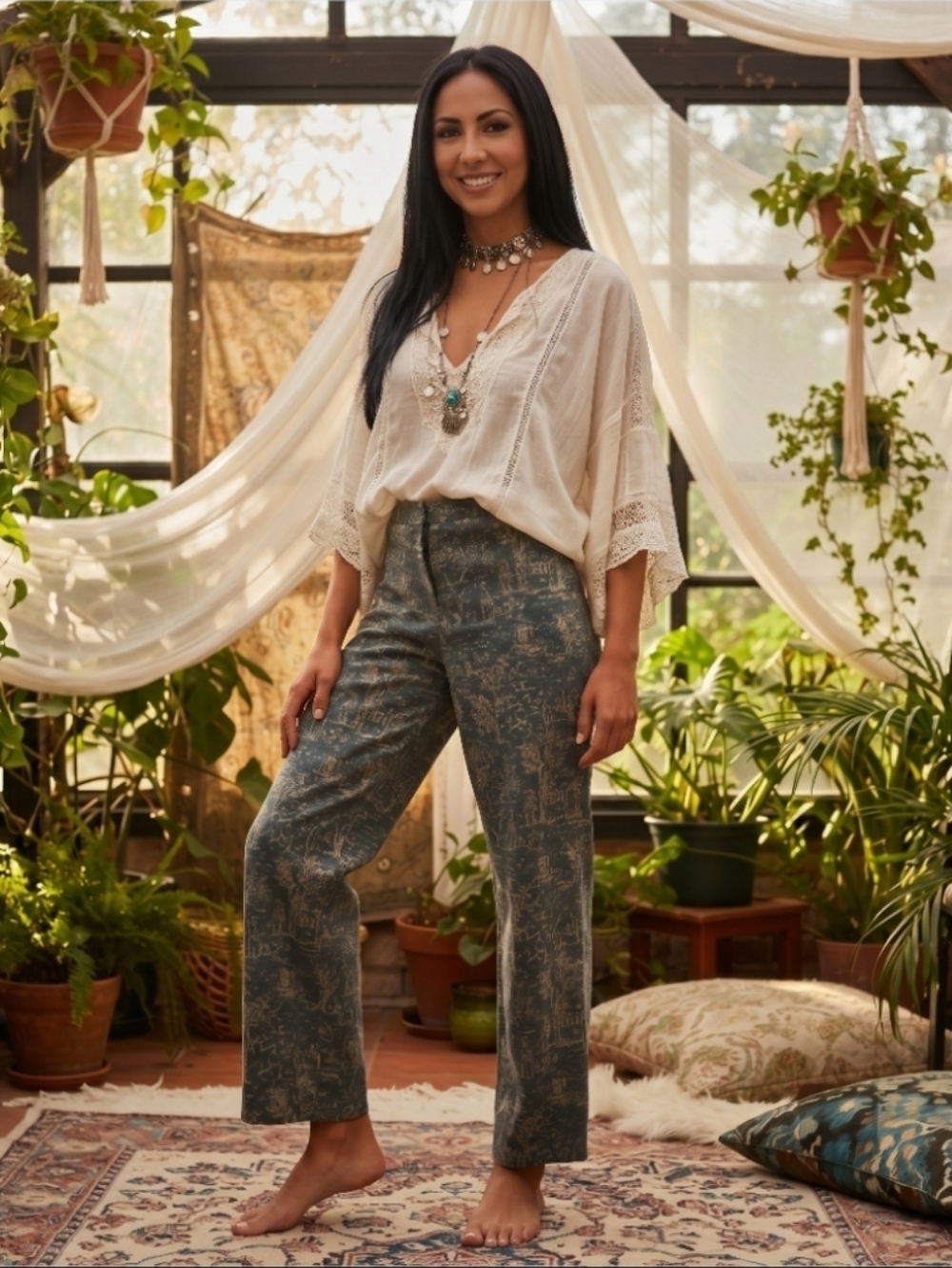 Vintage Patterned High-Waist Straight Leg Trousers in Blue and Beige